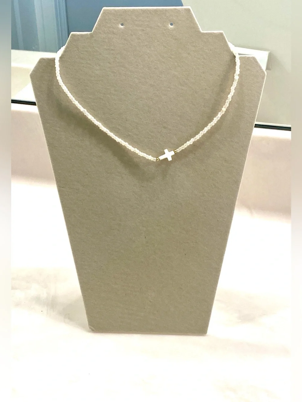 Delicate White Beaded Cross Necklace